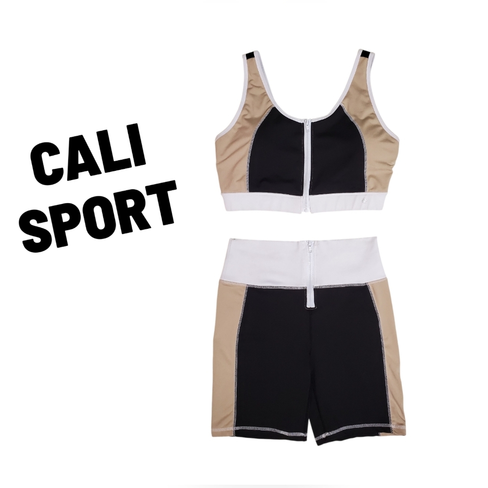 CALI SPORT Women Shorts Sports Bra Top Black Tan White 2pc Gym Outfit Athletic - Picture 1 of 16